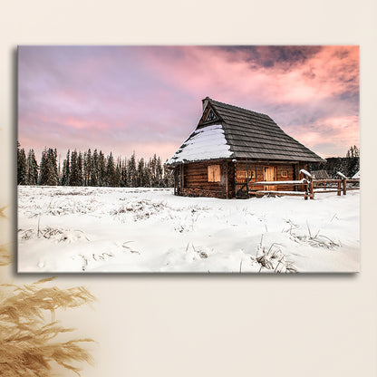 Traditional Wooden House in Winter Woods at Sunset, Cavas Print Wall Art Hom Decor