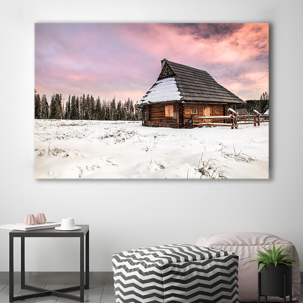 Traditional Wooden House in Winter Woods at Sunset, Cavas Print Wall Art Hom Decor