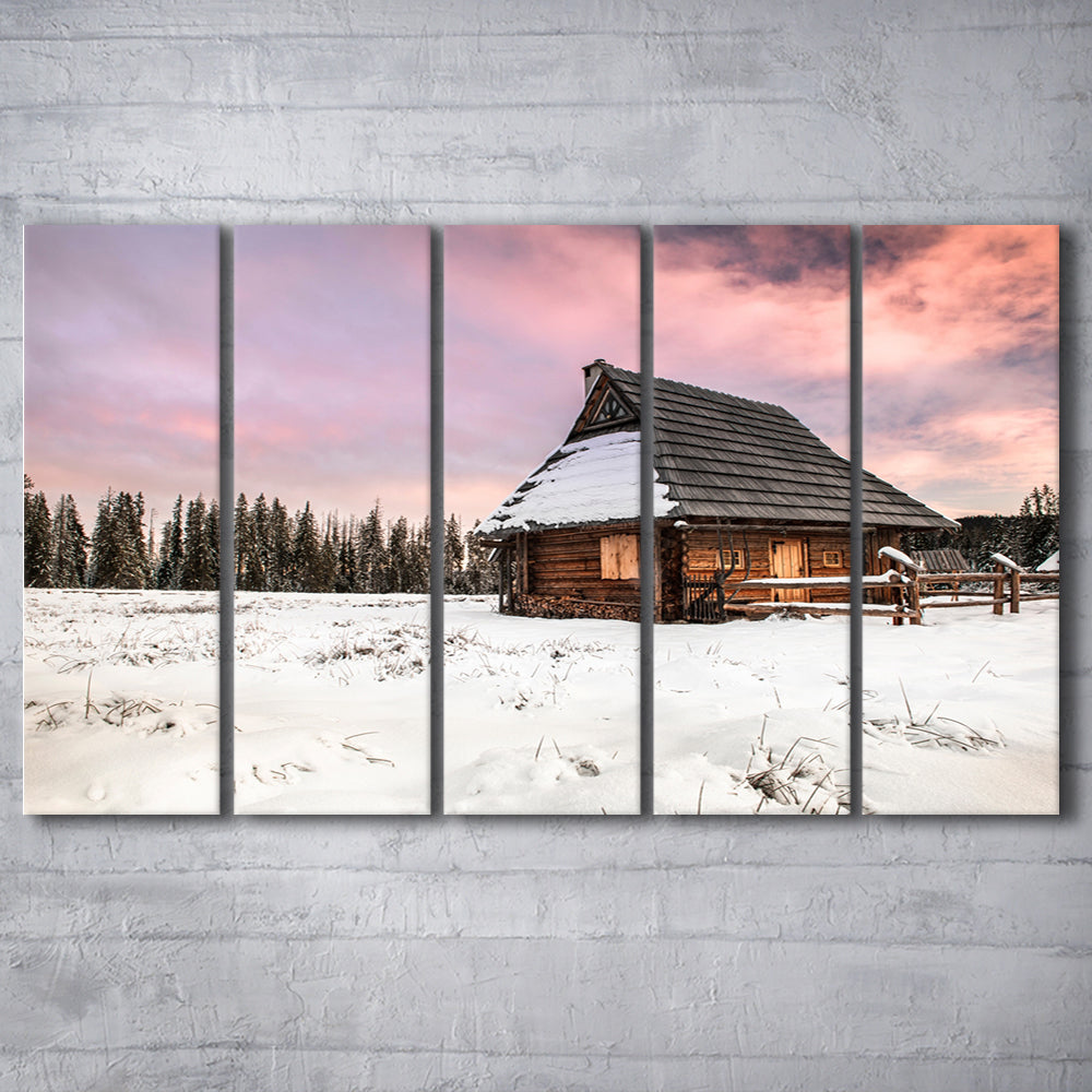 Traditional Wooden House in Winter Woods at Sunset, 5 Piece B Extra Large Cavas Print Wall Art Decor