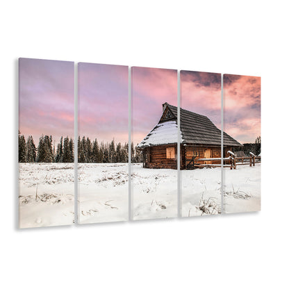Traditional Wooden House in Winter Woods at Sunset, 5 Piece B Extra Large Cavas Print Wall Art Decor