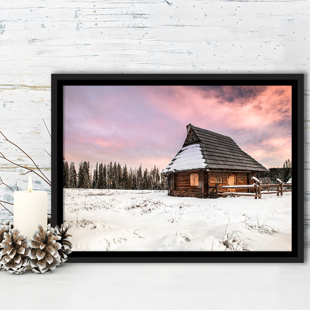 Traditional Wooden House In Winter Woods At Sunset, Framed Cavas Print, Floating Frame