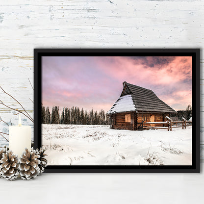 Traditional Wooden House In Winter Woods At Sunset, Framed Cavas Print, Floating Frame