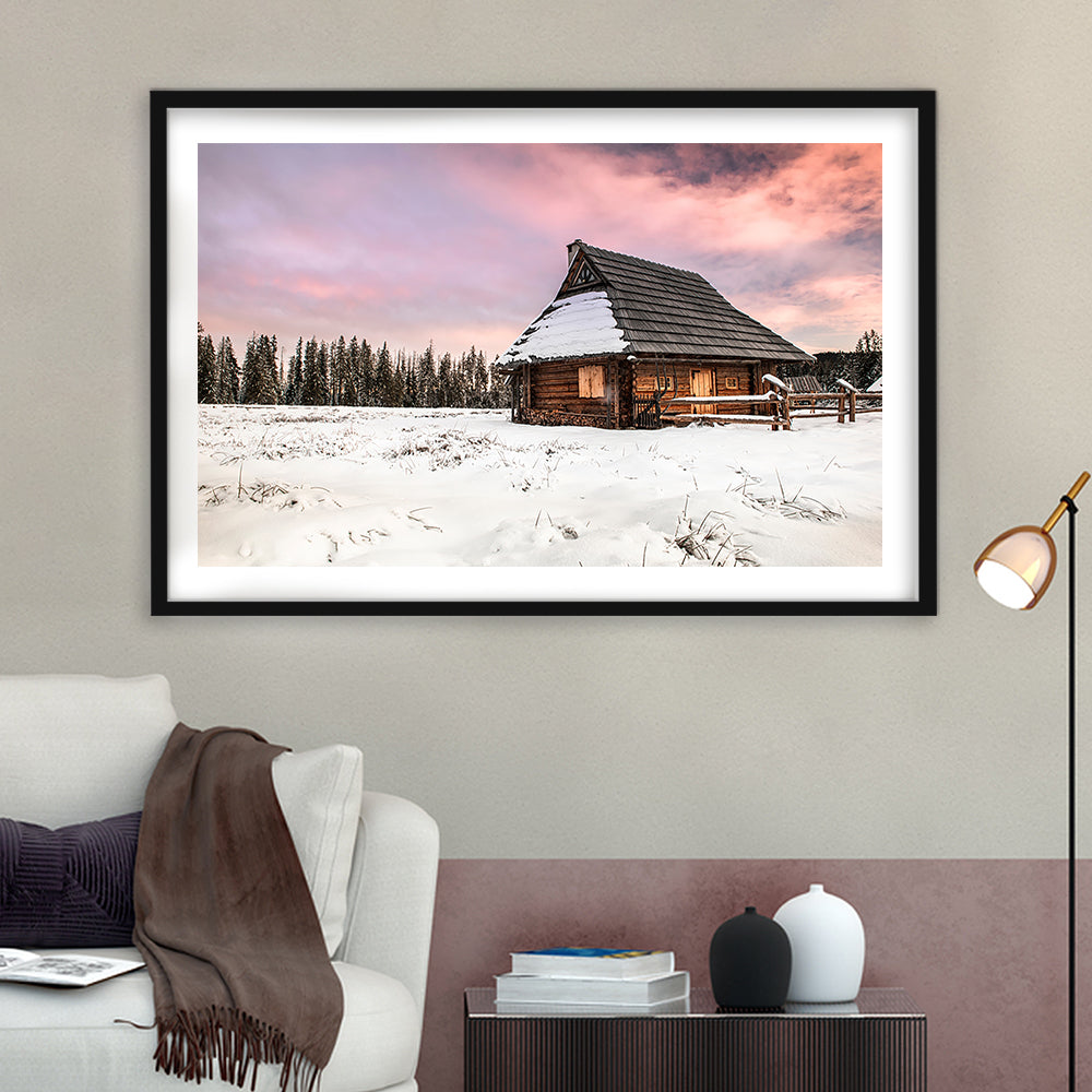 Traditional Wooden House In Winter Woods At Sunset, Framed Art Print White Border