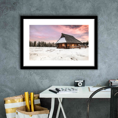 Traditional Wooden House In Winter Woods At Sunset, Framed Art Print White Border