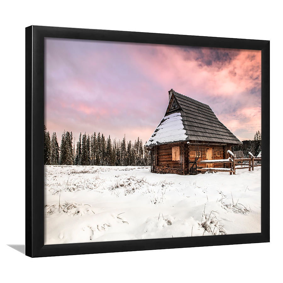 Traditional Wooden House In Winter Woods At Sunset, Framed Art Print, Picture Framed