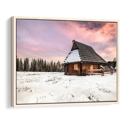 Traditional Wooden House In Winter Woods At Sunset, Framed Cavas Print, Floating Frame