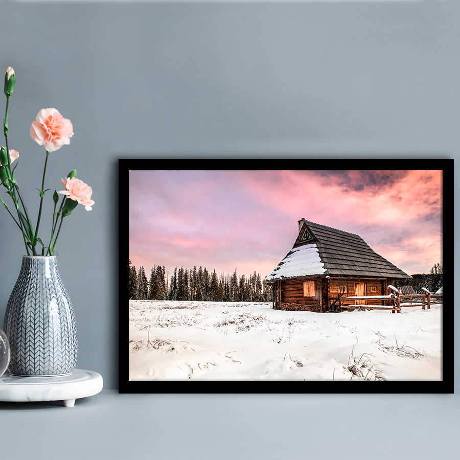 Traditional Wooden House In Winter Woods At Sunset, Framed Art Print, Picture Framed