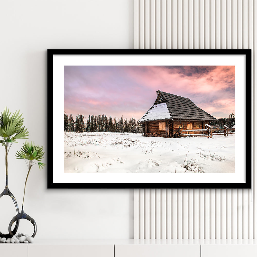 Traditional Wooden House In Winter Woods At Sunset, Framed Art Print White Border