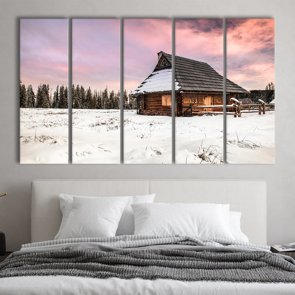 Traditional Wooden House in Winter Woods at Sunset, 5 Piece B Extra Large Cavas Print Wall Art Decor