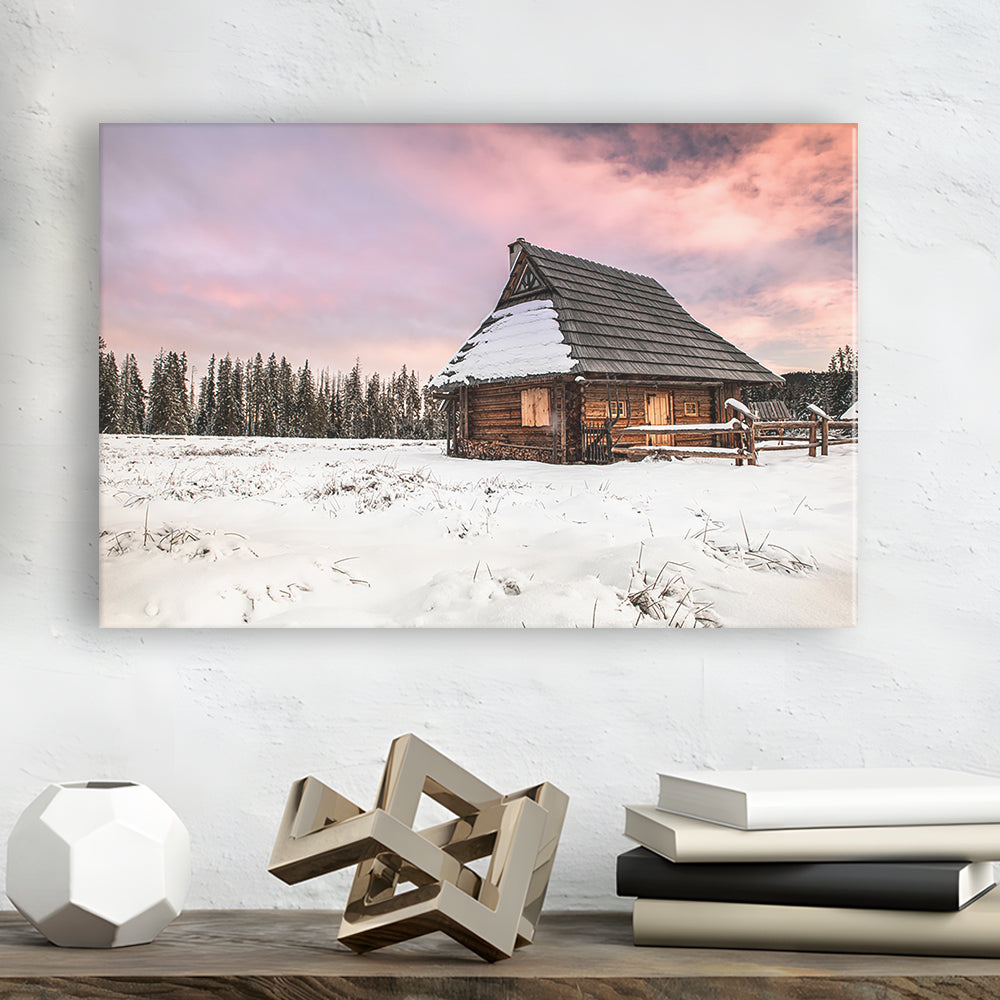 Traditional Wooden House in Winter Woods at Sunset, Cavas Print Wall Art Hom Decor