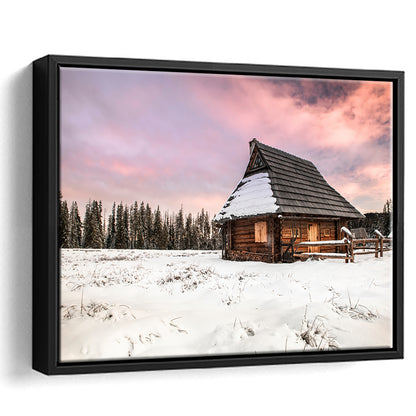 Traditional Wooden House In Winter Woods At Sunset, Framed Cavas Print, Floating Frame