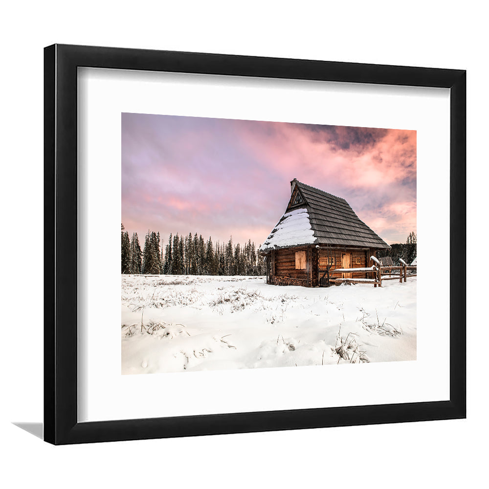 Traditional Wooden House In Winter Woods At Sunset, Framed Art Print White Border