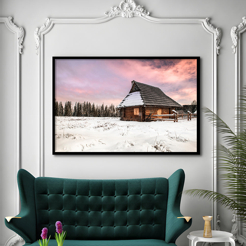 Traditional Wooden House In Winter Woods At Sunset, Framed Art Print, Picture Framed