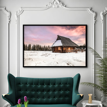 Traditional Wooden House In Winter Woods At Sunset, Framed Art Print, Picture Framed