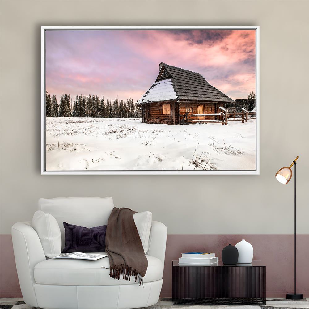 Traditional Wooden House In Winter Woods At Sunset, Framed Cavas Print, Floating Frame