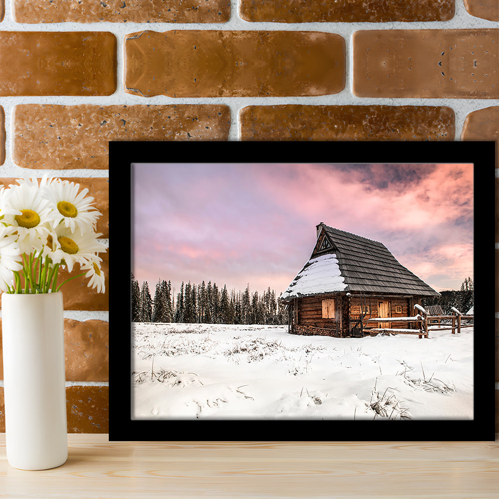 Traditional Wooden House In Winter Woods At Sunset, Framed Art Print, Picture Framed