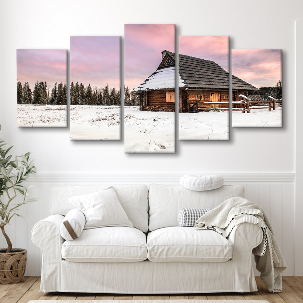 Traditional Wooden House in Winter Woods at Sunset, 5 Piece Large Cavas Print Wall Art