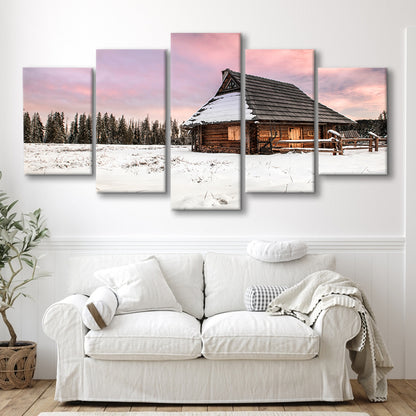 Traditional Wooden House in Winter Woods at Sunset, 5 Piece Large Cavas Print Wall Art
