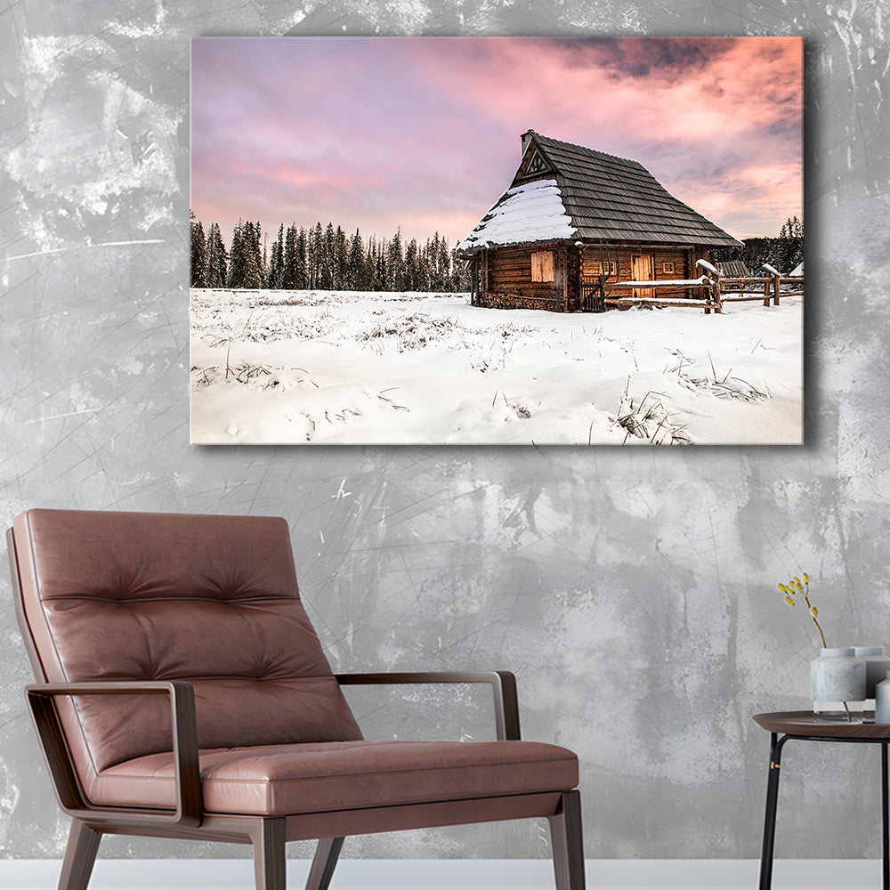 Traditional Wooden House in Winter Woods at Sunset, Cavas Print Wall Art Hom Decor