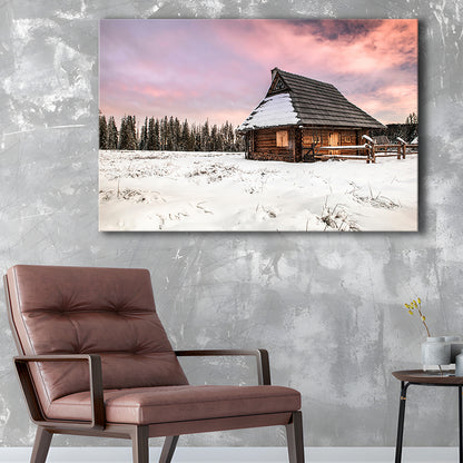 Traditional Wooden House in Winter Woods at Sunset, Cavas Print Wall Art Hom Decor