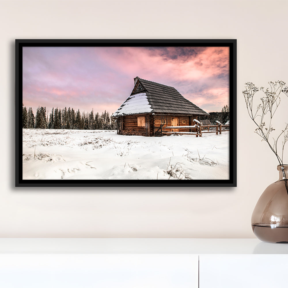 Traditional Wooden House In Winter Woods At Sunset, Framed Cavas Print, Floating Frame