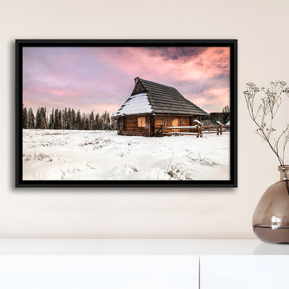 Traditional Wooden House In Winter Woods At Sunset, Framed Cavas Print, Floating Frame