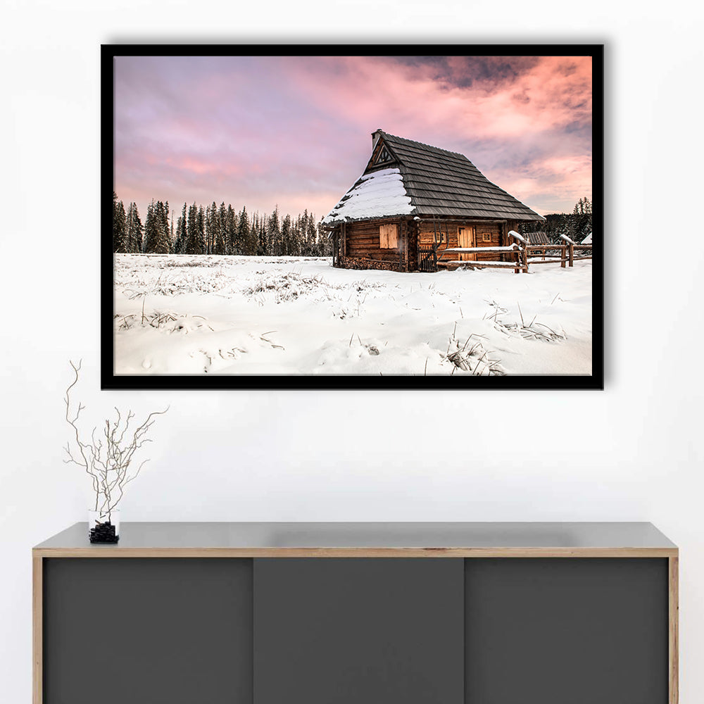 Traditional Wooden House In Winter Woods At Sunset, Framed Art Print, Picture Framed