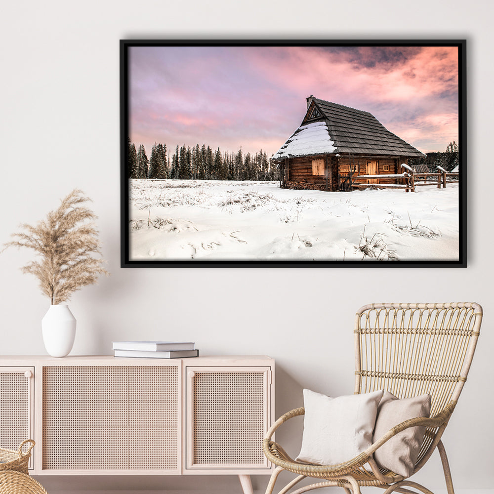 Traditional Wooden House In Winter Woods At Sunset, Framed Cavas Print, Floating Frame