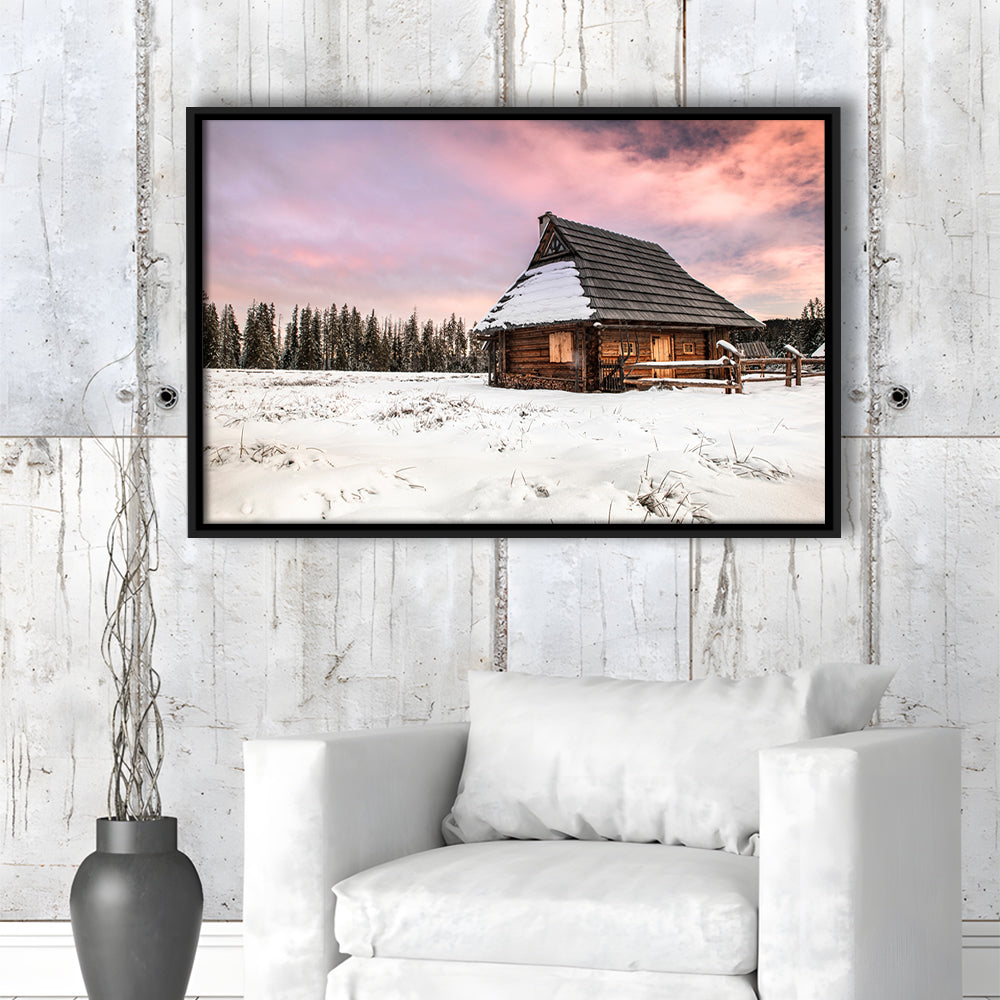 Traditional Wooden House In Winter Woods At Sunset, Framed Cavas Print, Floating Frame