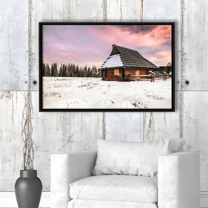 Traditional Wooden House In Winter Woods At Sunset, Framed Cavas Print, Floating Frame