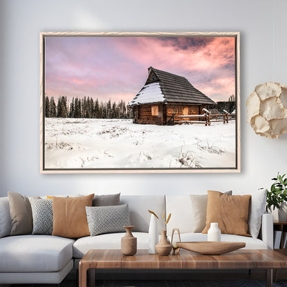 Traditional Wooden House In Winter Woods At Sunset, Framed Cavas Print, Floating Frame