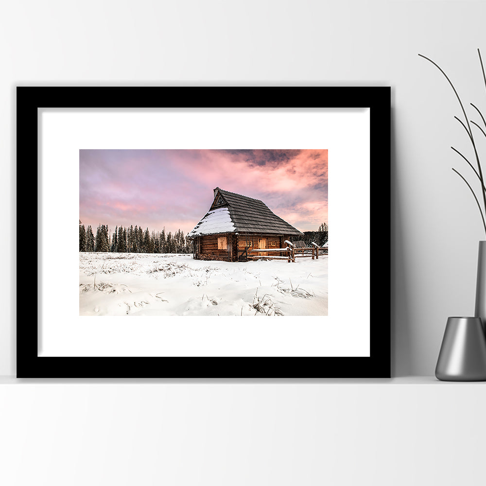 Traditional Wooden House In Winter Woods At Sunset, Framed Art Print White Border