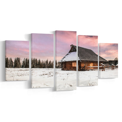 Traditional Wooden House in Winter Woods at Sunset, 5 Piece Large Cavas Print Wall Art