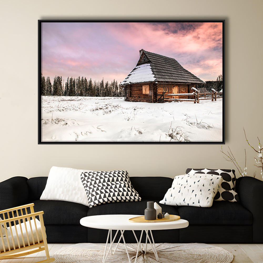 Traditional Wooden House In Winter Woods At Sunset, Framed Cavas Print, Floating Frame