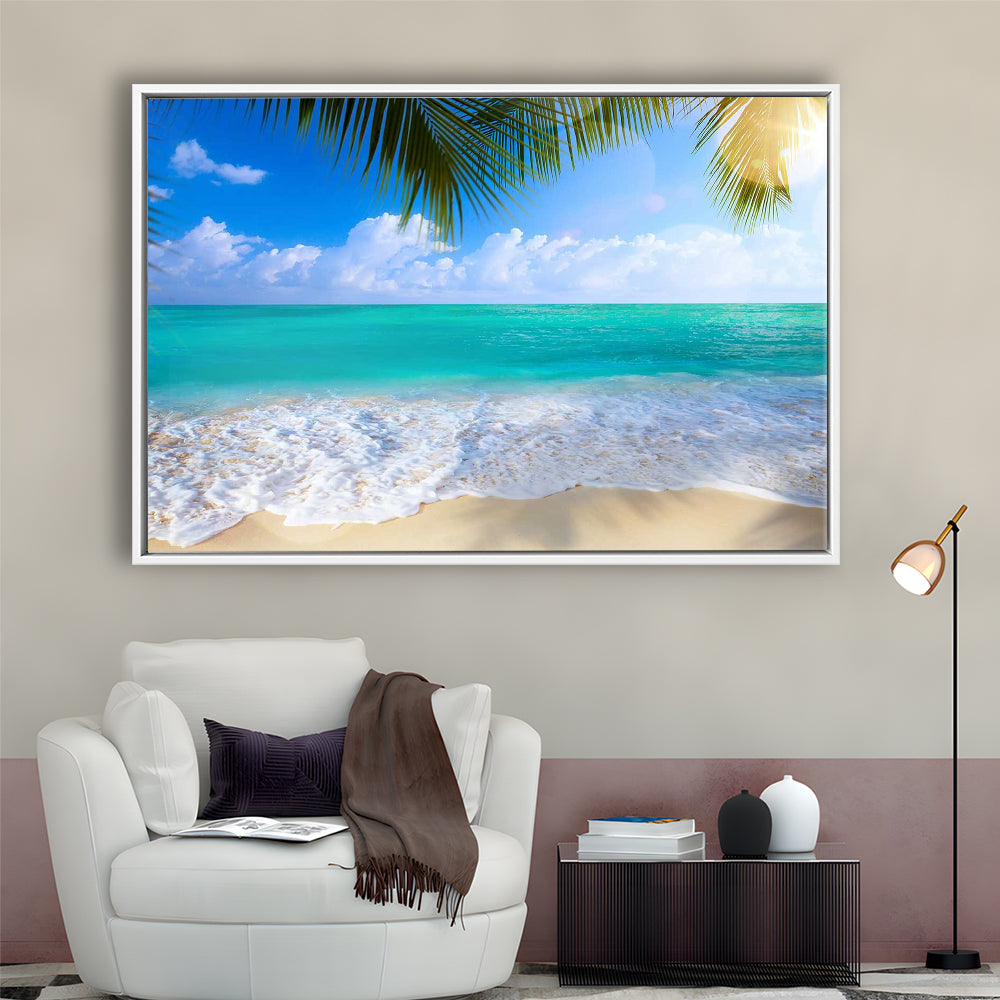 Tropical Island Beach, Large Canvas Print, Ocean Extra Large Art, Framed Cavas Print, Floating Frame
