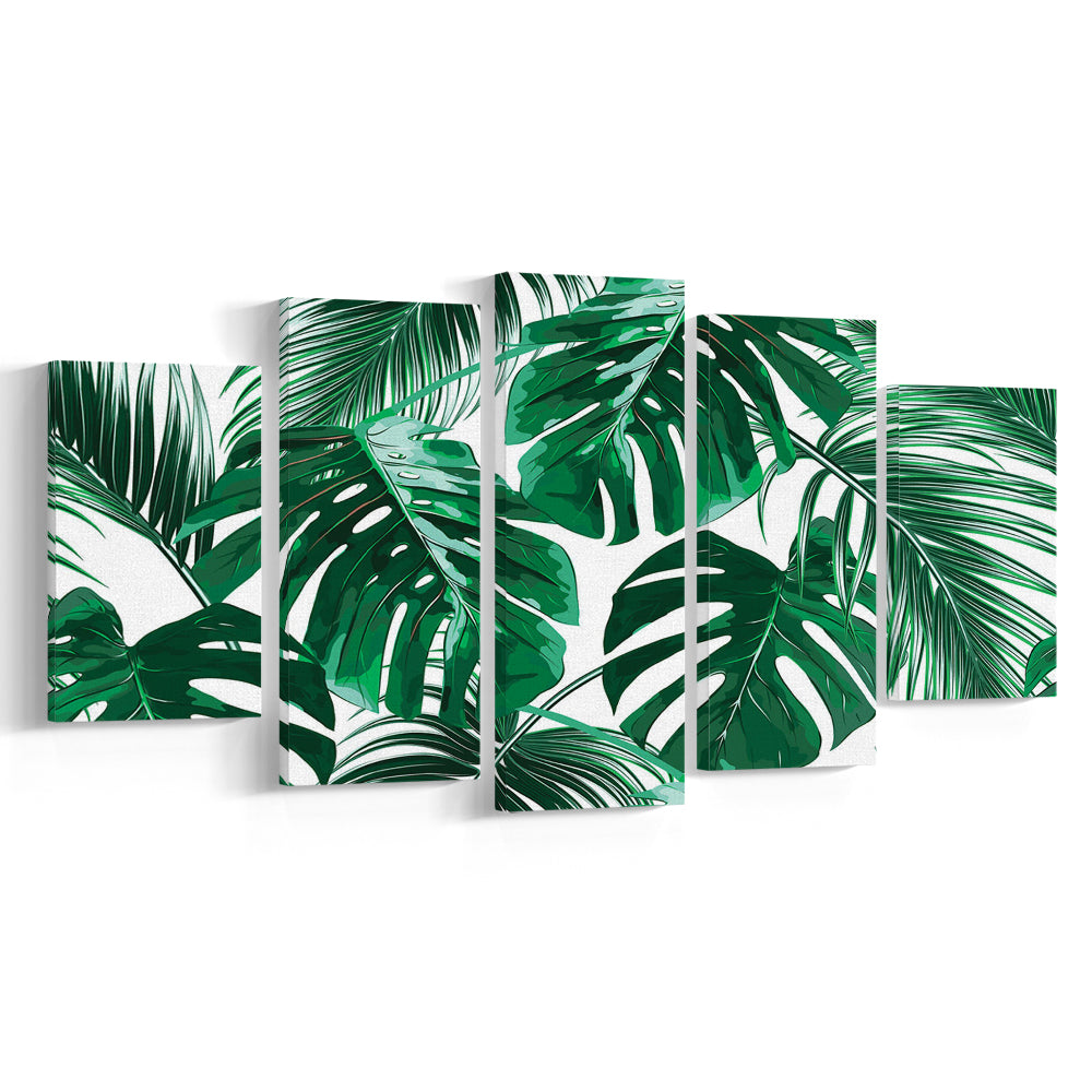 Tropical Palm Leaves Wall Art, Palm Leaf Wall Art, Abstract Palm Modern Art, 5 Piece Large Cavas Print Wall Art
