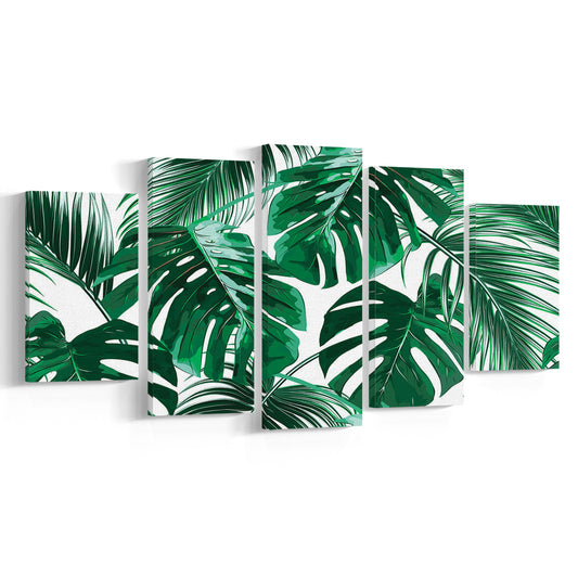 Tropical Palm Leaves Wall Art, Palm Leaf Wall Art, Abstract Palm Modern Art, 5 Piece Large Cavas Print Wall Art