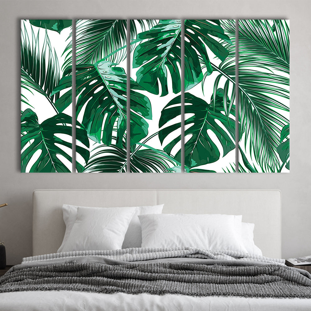Tropical Palm Leaves Wall Art, Palm Leaf Wall Art, Abstract Palm Modern Art, 5 Piece B Extra Large Cavas Print Wall Art