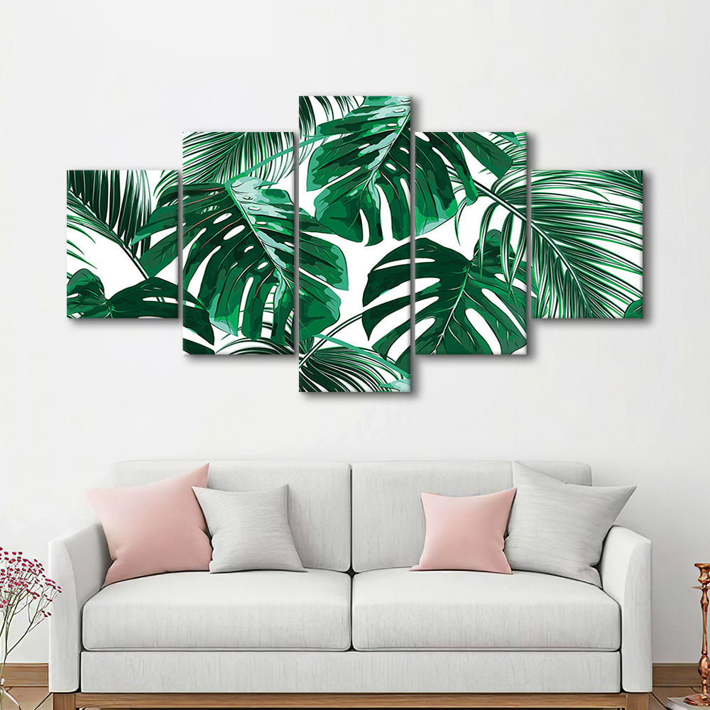 Tropical Palm Leaves Wall Art, Palm Leaf Wall Art, Abstract Palm Modern Art, 5 Piece Large Cavas Print Wall Art