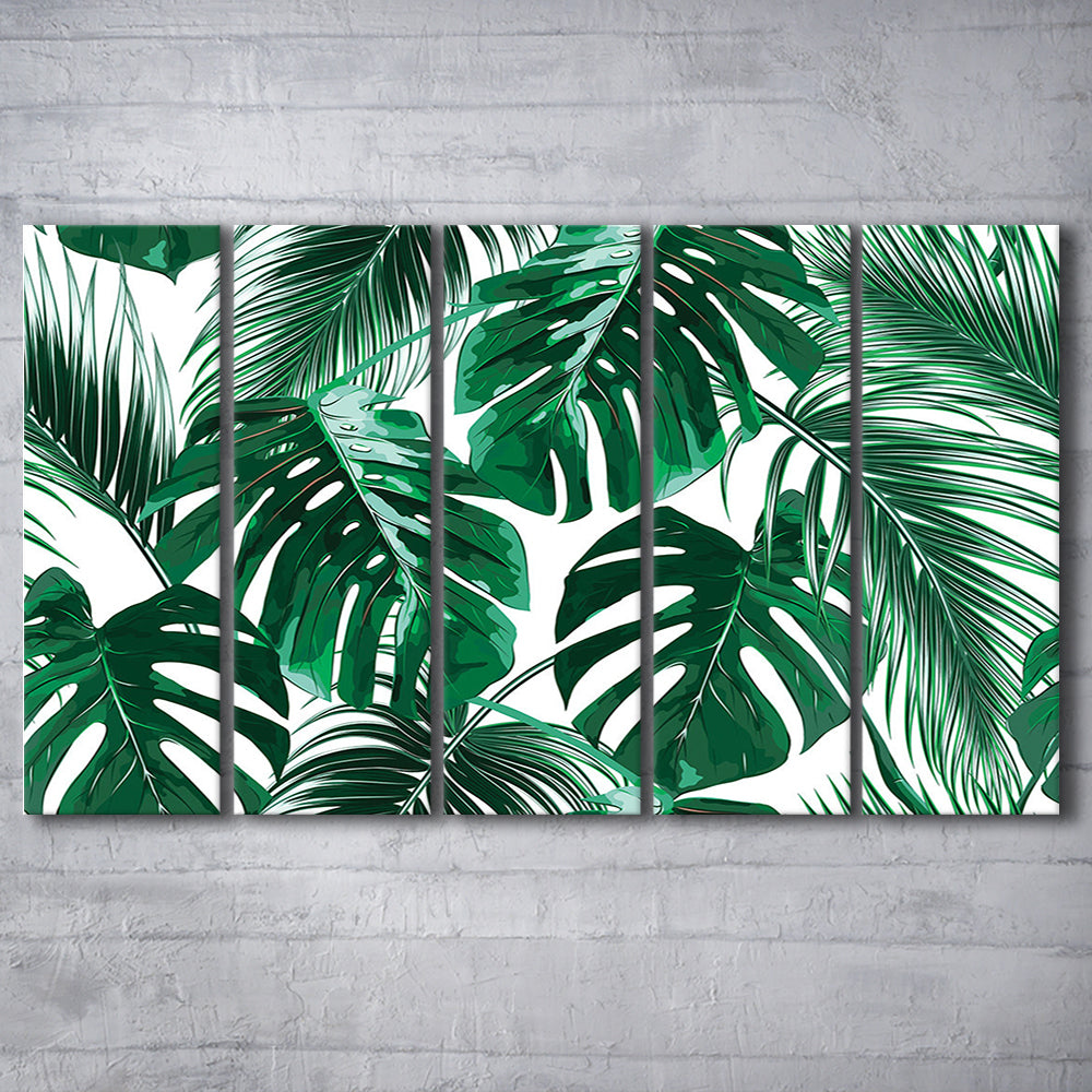 Tropical Palm Leaves Wall Art, Palm Leaf Wall Art, Abstract Palm Modern Art, 5 Piece B Extra Large Cavas Print Wall Art