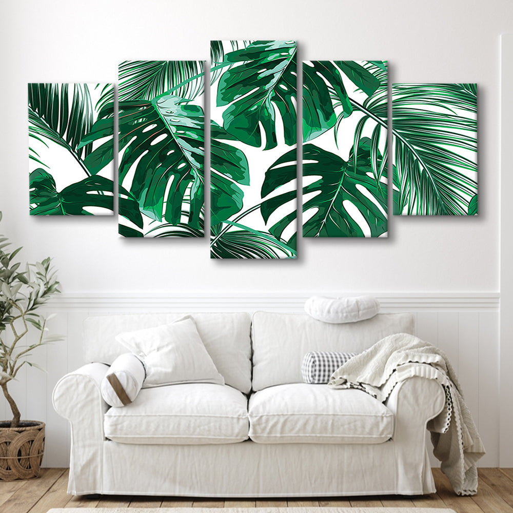 Tropical Palm Leaves Wall Art, Palm Leaf Wall Art, Abstract Palm Modern Art, 5 Piece Large Cavas Print Wall Art