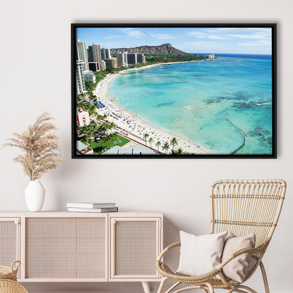 Tropical Paradise Canvas Art,Waikiki Beach, Honolulu, Oahu Island, Hawaii, Framed Cavas Print, Floating Frame