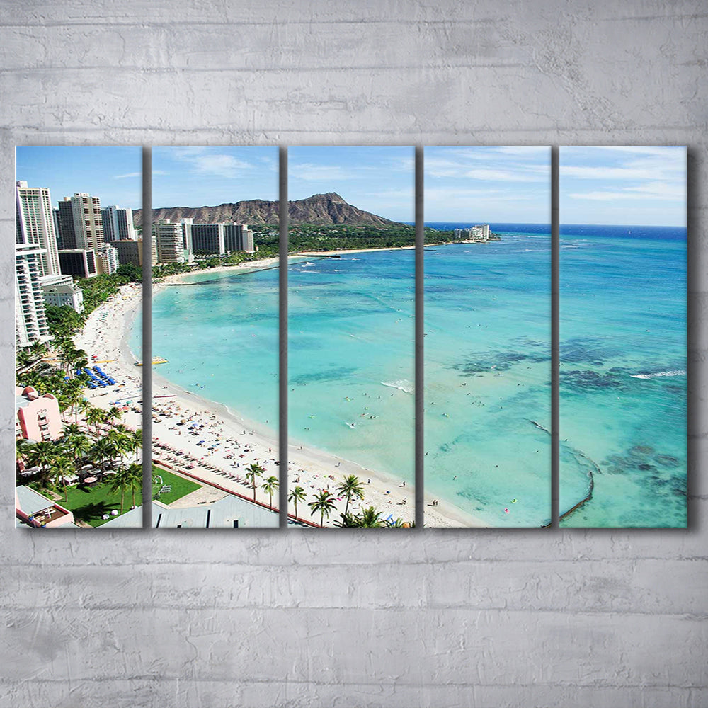 Tropical Paradise Canvas Art,Waikiki Beach, Honolulu, Oahu Island, Hawaii, 5 Piece B Extra Large Cavas Print Wall Art Decor