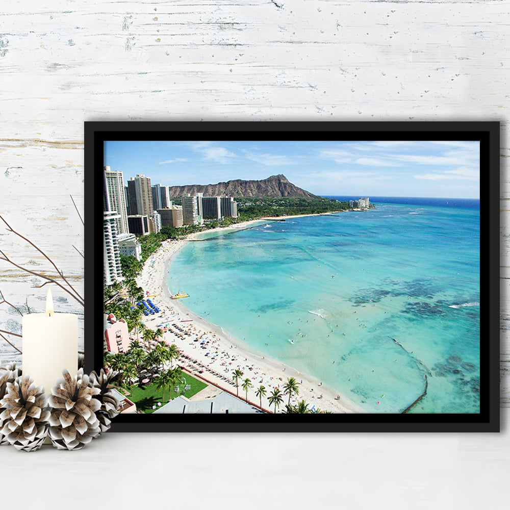 Tropical Paradise Canvas Art,Waikiki Beach, Honolulu, Oahu Island, Hawaii, Framed Cavas Print, Floating Frame