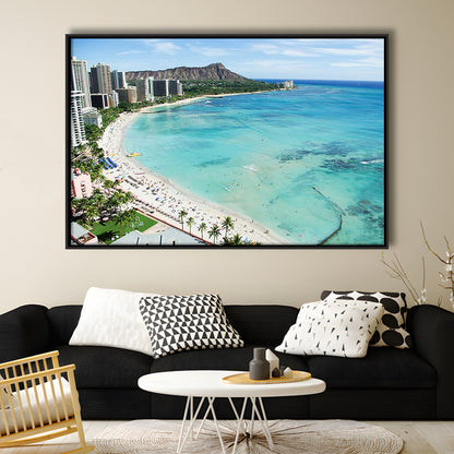 Tropical Paradise Canvas Art,Waikiki Beach, Honolulu, Oahu Island, Hawaii, Framed Cavas Print, Floating Frame