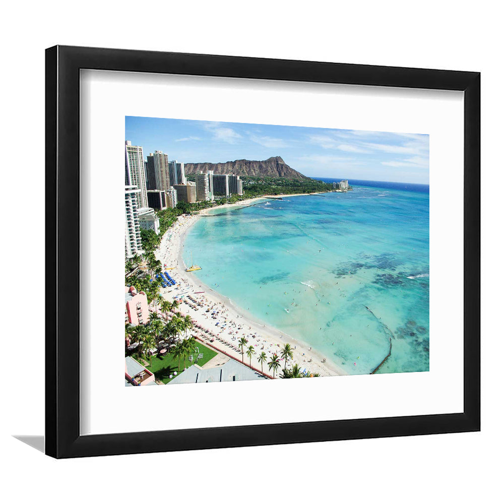 Tropical Paradise Art,Waikiki Beach, Honolulu, Oahu Island, Hawaii, Framed Art Print White Border