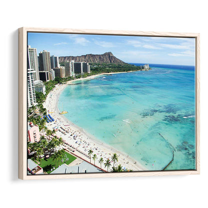 Tropical Paradise Canvas Art,Waikiki Beach, Honolulu, Oahu Island, Hawaii, Framed Cavas Print, Floating Frame