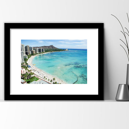 Tropical Paradise Art,Waikiki Beach, Honolulu, Oahu Island, Hawaii, Framed Art Print White Border