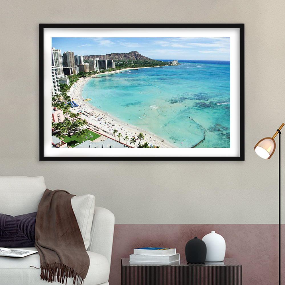 Tropical Paradise Art,Waikiki Beach, Honolulu, Oahu Island, Hawaii, Framed Art Print White Border