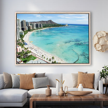 Tropical Paradise Canvas Art,Waikiki Beach, Honolulu, Oahu Island, Hawaii, Framed Cavas Print, Floating Frame